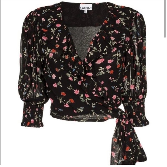 Ganni Paradise Elm Floral Georgette Wrap Top Surplus Wrap Top Small NEW - Picture 12 of 16